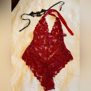 Elegant Red Lace Halter Teddy